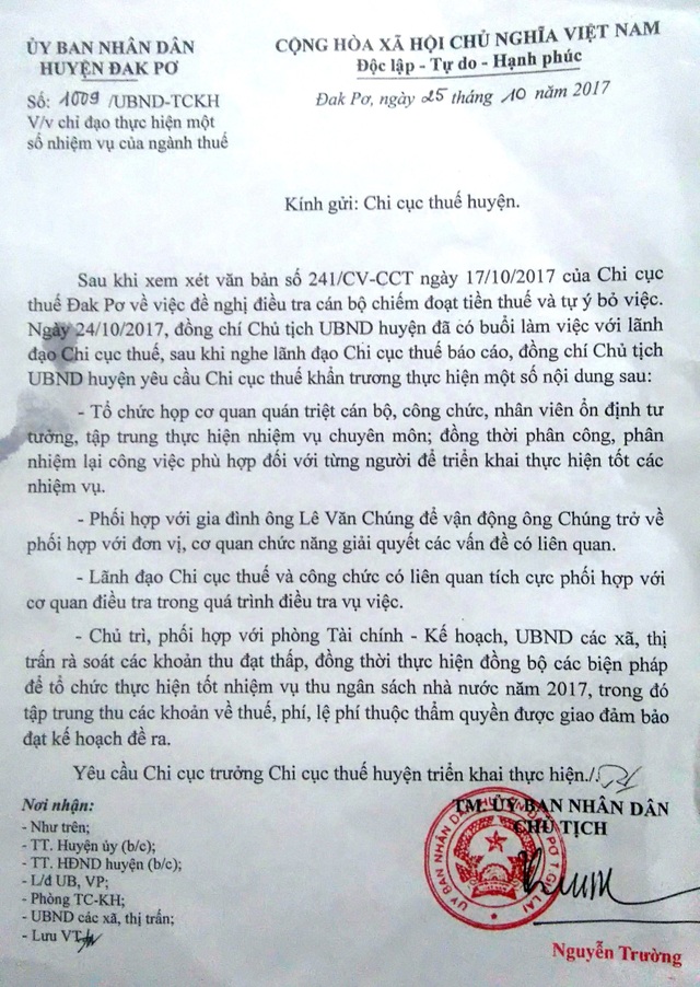 Cán bộ thuế nghi tham ô ra trình diện sau nửa năm bỏ đi - 2 Văn bản chỉ đạo của Chủ tịch huyện Đak Pơ