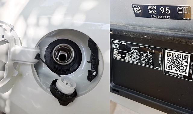 Những điều cần biết về xăng E5 - 4 Miệng bình xăng trên Mazda3 2018 (bên trái - không có khuyến cáo chỉ số nhiên liệu) và trên Mercedes-Benz E250.