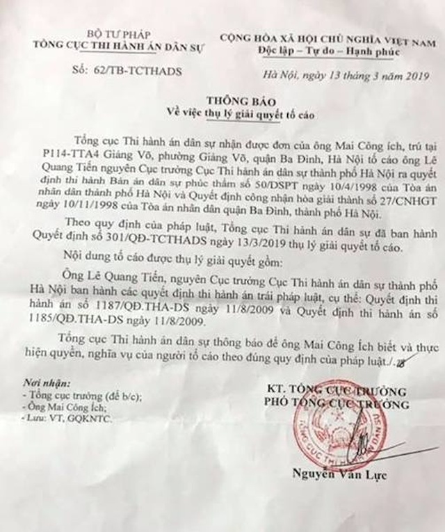 Thụ lý giải quyết tố cáo nguyên Cục trưởng Cục thi hành án dân sự TP Hà Nội - 4 Thụ lý giải quyết tố cáo nguyên Cục trưởng Cục thi hành án dân sự TP Hà Nội - 4