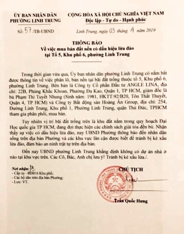 Cảnh báo người dân dấu hiệu lừa đảo bán đất tại dự án Đại học Quốc gia - 1 Cảnh báo người dân dấu hiệu lừa đảo bán đất tại dự án Đại học Quốc gia - 1