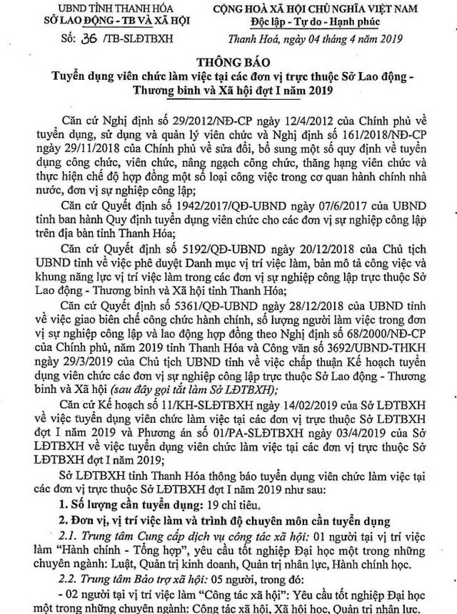 Thanh Hoá: Sở LĐ-TBXH tuyển dụng hàng loạt viên chức - 1 Thanh Hoá: Sở LĐ-TBXH tuyển dụng hàng loạt viên chức - 1
