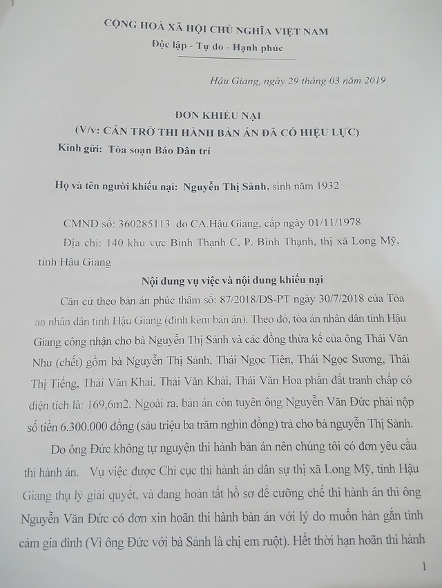 Hậu Giang: Vì sao khó thi hành một án tranh chấp đất chỉ có giá hơn 13 triệu đồng? - 4 Hậu Giang: Vì sao khó thi hành một án tranh chấp đất chỉ có giá hơn 13 triệu đồng? - 4