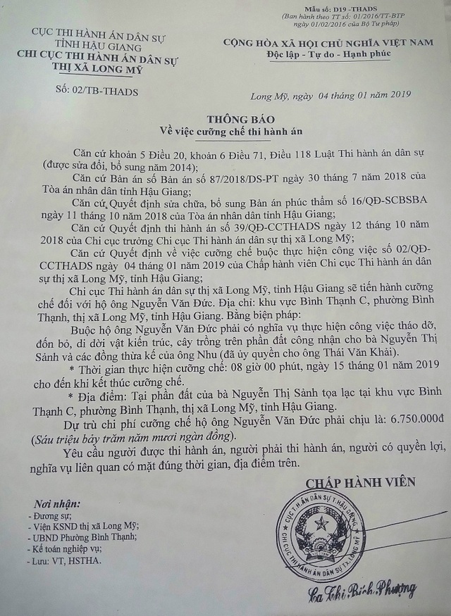 Hậu Giang: Vì sao khó thi hành một án tranh chấp đất chỉ có giá hơn 13 triệu đồng? - 2 Hậu Giang: Vì sao khó thi hành một án tranh chấp đất chỉ có giá hơn 13 triệu đồng? - 2