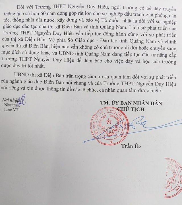 Quảng Nam: Không có chủ trương di dời Trường THPT Nguyễn Duy Hiệu - 2 Quảng Nam: Không có chủ trương di dời Trường THPT Nguyễn Duy Hiệu - 2