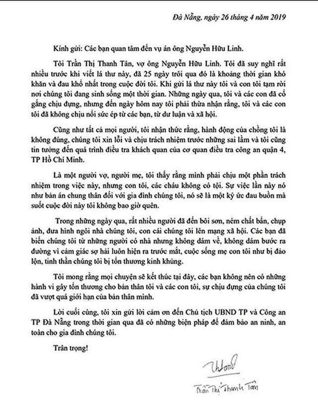 Bức tâm thư được bà Trần Thị Thanh Tân gửi đến Công an TP Đà Nẵng ngày 26.4.