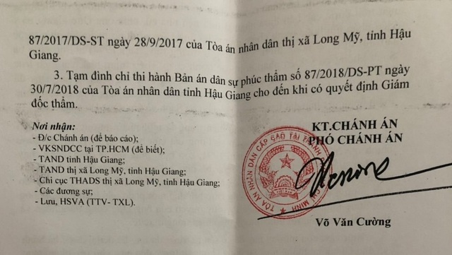 TAND cấp cao quyết định tạm đình chỉ thi hành bản án kỳ quặc tại Hậu Giang - 2 TAND cấp cao quyết định tạm đình chỉ thi hành bản án kỳ quặc tại Hậu Giang - 2