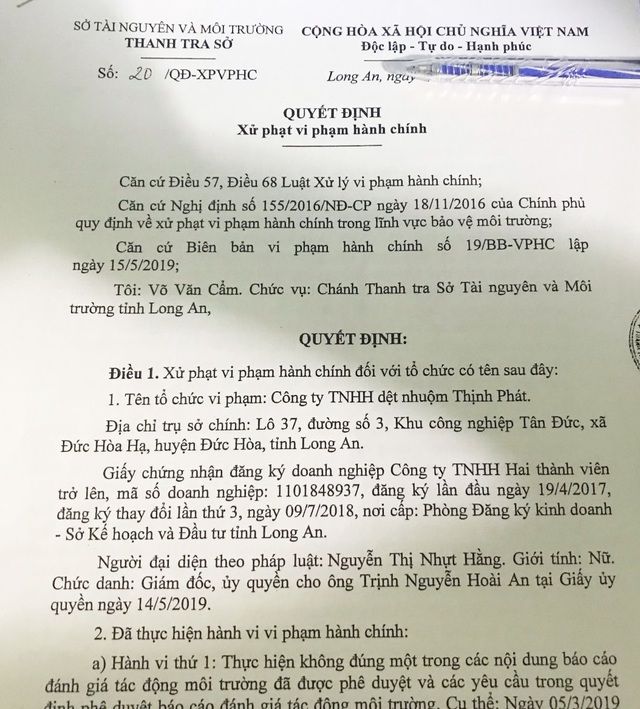Công ty dệt nhuộm bị phạt hơn 200 triệu đồng vì xả thải ô nhiễm - 1 Công ty dệt nhuộm bị phạt hơn 200 triệu đồng vì xả thải ô nhiễm - 1