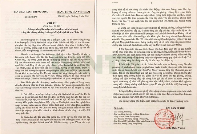 Ban Bí Thư ban hành chỉ thị tăng cường phòng, chống dịch tả lợn châu Phi - 1 Ban Bí Thư ban hành chỉ thị tăng cường phòng, chống dịch tả lợn châu Phi - 1