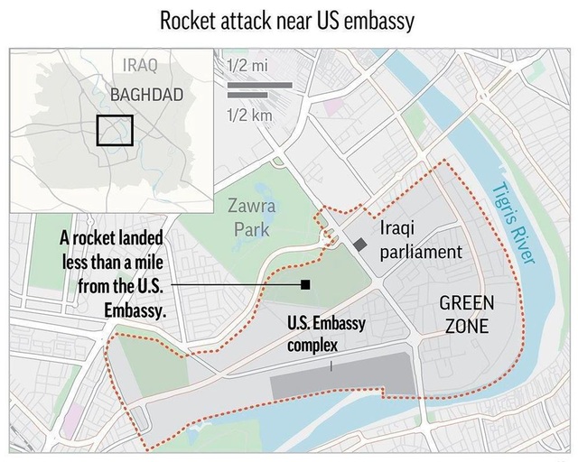 Tên lửa rơi gần Đại sứ quán Mỹ ở Iraq giữa lúc Trung Đông 