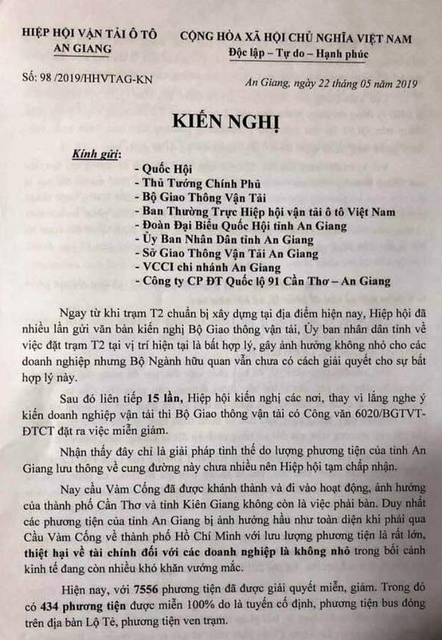 Hiệp hội Vận tải ô tô An Giang đã 15 lần gửi kiến nghị phản đối trạm BOT T2 - 1 Hiệp hội Vận tải ô tô An Giang đã 15 lần gửi kiến nghị phản đối trạm BOT T2 - 1