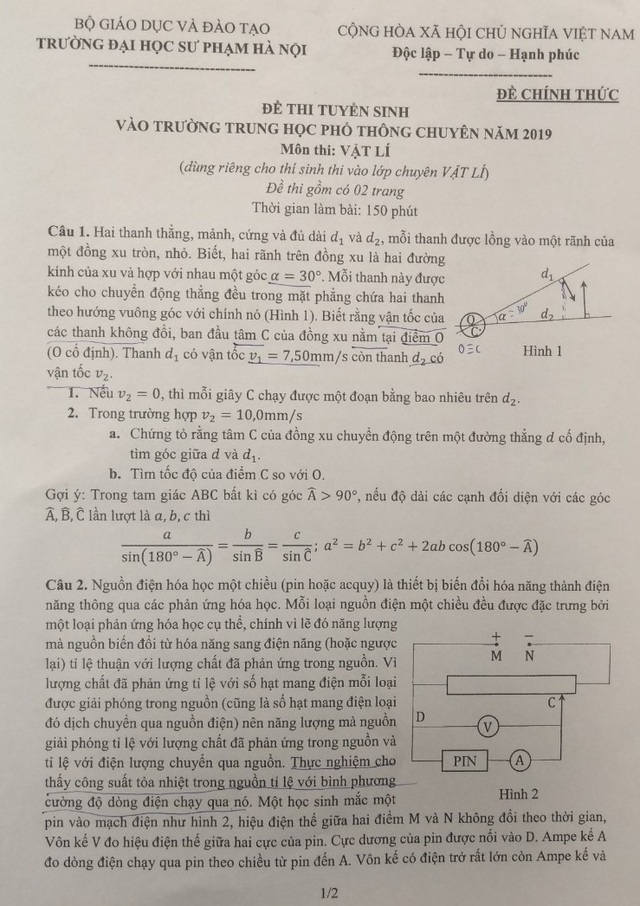 Tuyển sinh lớp 10, trường THPT Chuyên ĐHSP: Đề Vật Lí khác lạ, khó “trúng tủ” - 1 Tuyển sinh lớp 10, trường THPT Chuyên ĐHSP: Đề Vật Lí khác lạ, khó “trúng tủ” - 1