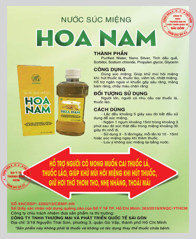 Nước súc miệng Hoa Nam – Hỗ trợ người có mong muốn cai thuốc lá, thuốc lào - 3 Nước súc miệng Hoa Nam – Hỗ trợ người có mong muốn cai thuốc lá, thuốc lào - 3
