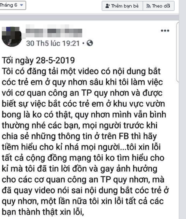 Xử lý người tung tin sai sự thật vụ bắt cóc trẻ em ở Quy Nhơn - 1 Xử lý người tung tin sai sự thật vụ bắt cóc trẻ em ở Quy Nhơn - 1