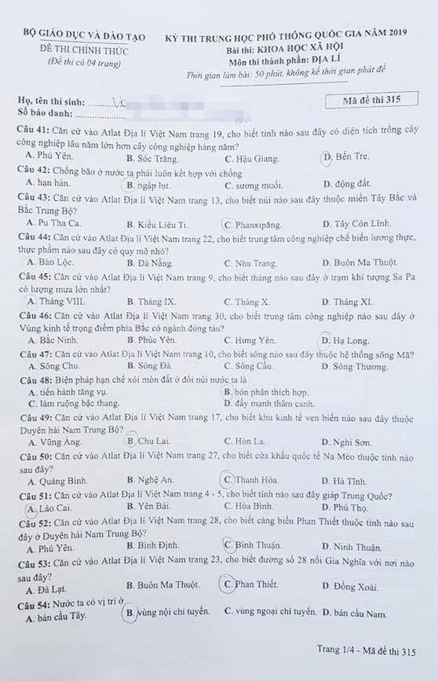 Đề thi và gợi ý đáp án môn Địa lý THPT quốc gia 2019 - 1 Đề thi và gợi ý đáp án môn Địa lý THPT quốc gia 2019 - 1