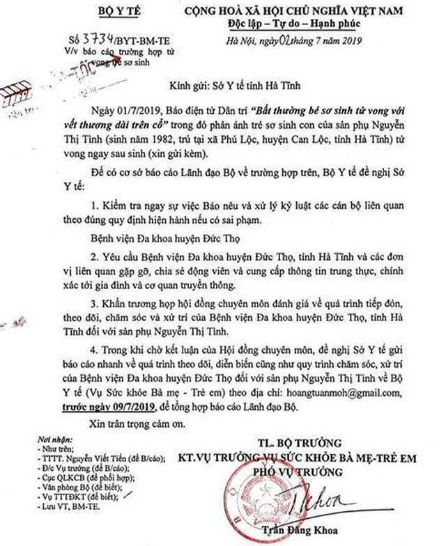 Bộ Y tế chỉ đạo nóng vụ bé sơ sinh tử vong với vết thương dài trên cổ - 1 Bộ Y tế chỉ đạo nóng vụ bé sơ sinh tử vong với vết thương dài trên cổ - 1