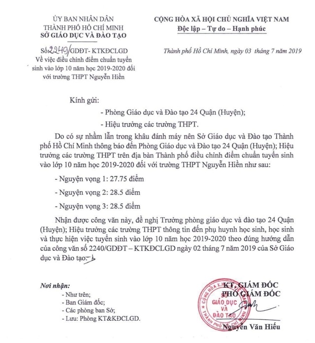 TP.HCM: Điều chỉnh điểm chuẩn vào lớp 10 của trường THPT Nguyễn Hiền - 1 TP.HCM: Điều chỉnh điểm chuẩn vào lớp 10 của trường THPT Nguyễn Hiền - 1