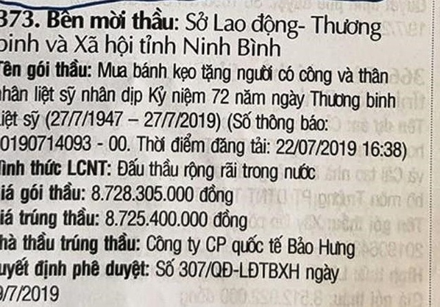 Ninh Bình nói gì về gói thầu 8,7 tỷ đồng mua bánh kẹo tặng dịp 27/7 - 1 Ninh Bình nói gì về gói thầu 8,7 tỷ đồng mua bánh kẹo tặng dịp 27/7 - 1