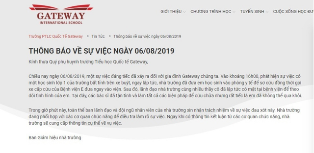 Trường quốc tế Gateway thông báo nhận trách nhiệm để học sinh lớp 1 tử vong trên xe đưa đón - 1 Trường quốc tế Gateway thông báo nhận trách nhiệm để học sinh lớp 1 tử vong trên xe đưa đón - 1