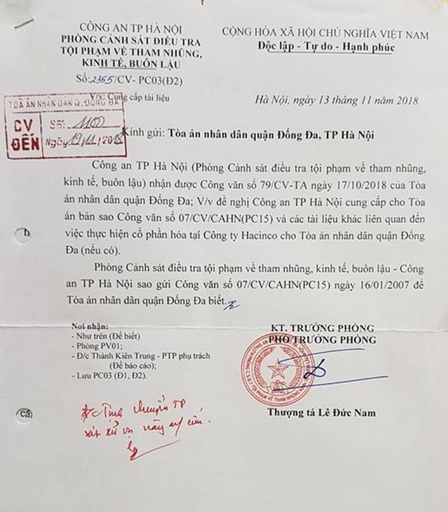 Toà án đợi công an TP Hà Nội hồi âm vụ sai phạm của nguyên giám đốc Công ty Hacinco - 2 Toà án đợi công an TP Hà Nội hồi âm vụ sai phạm của nguyên giám đốc Công ty Hacinco - 2
