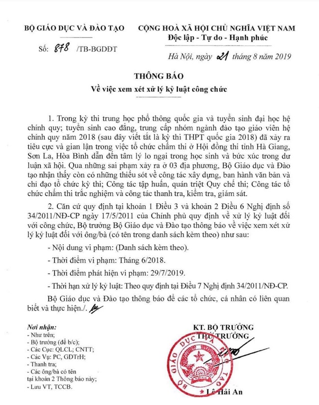Bộ Giáo dục lên tiếng về 13 cán bộ, lãnh đạo bị xem xét kỷ luật liên quan đến gian lận thi 2018 - 1 Bộ Giáo dục lên tiếng về 13 cán bộ, lãnh đạo bị xem xét kỷ luật liên quan đến gian lận thi 2018 - 1