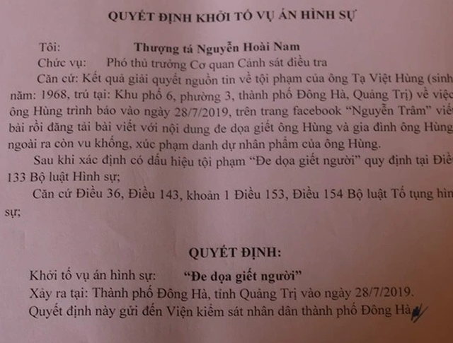 Khởi tố vụ án hình sự “đe dọa giết người” trên Facebook - 1 Khởi tố vụ án hình sự “đe dọa giết người” trên Facebook - 1