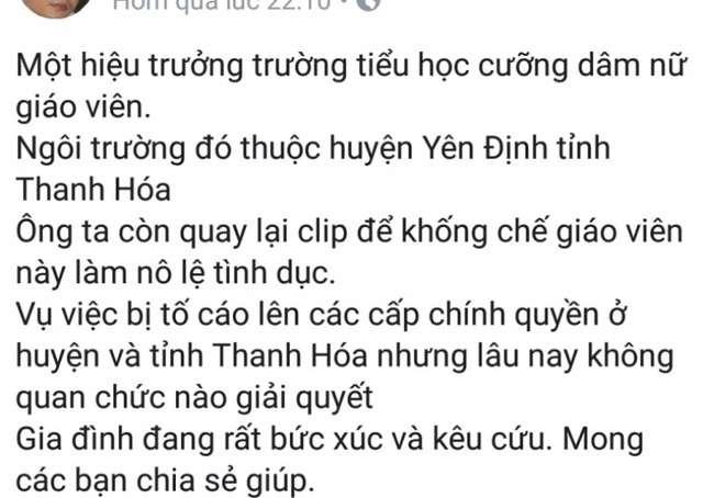 Hiệu trưởng trường Tiểu học bị tố cưỡng dâm cấp dưới nhiều năm liền - 1 Thông tin được chia sẻ trên mạng xã hội.