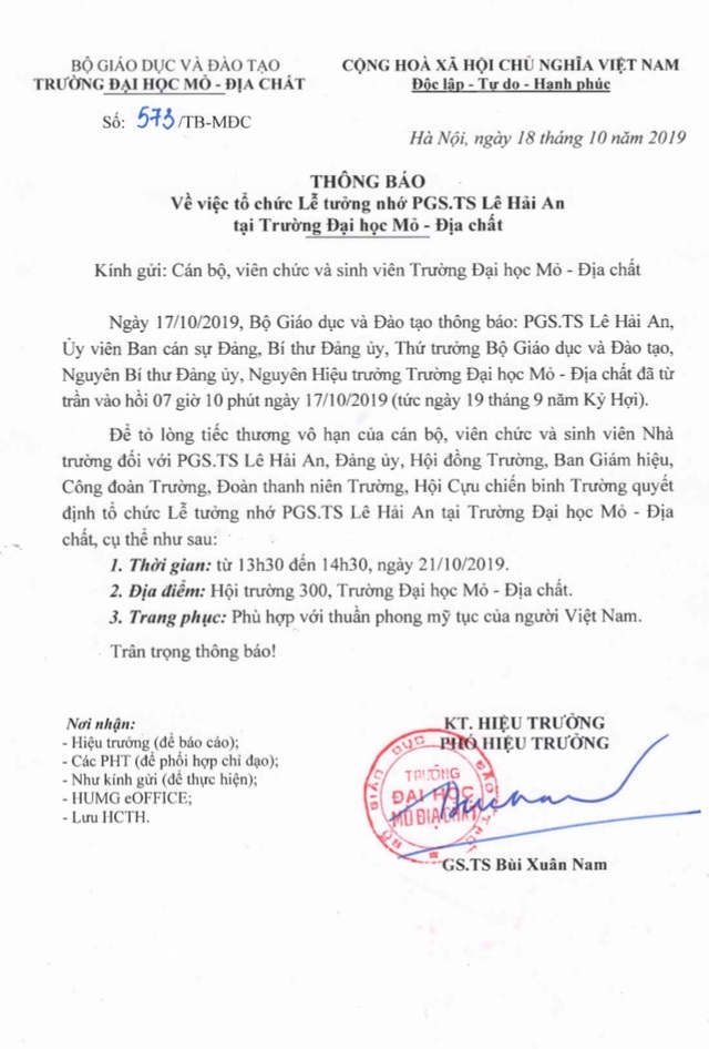 Trường ĐH Mỏ - Địa chất tổ chức Lễ tưởng nhớ Thứ trưởng Lê Hải An - 1 Trường ĐH Mỏ - Địa chất tổ chức Lễ tưởng nhớ Thứ trưởng Lê Hải An - 1