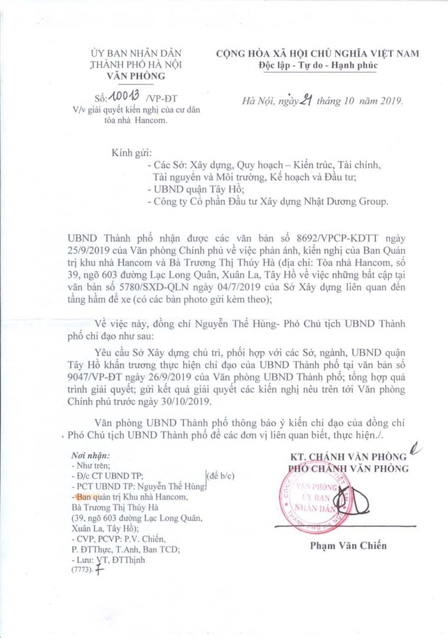 Cư dân chung cư Hancom kêu cứu đỏ toà nhà: Thành phố Hà Nội tiếp tục chỉ đạo “nóng”! - 1 Cư dân chung cư Hancom kêu cứu đỏ toà nhà: Thành phố Hà Nội tiếp tục chỉ đạo “nóng”! - 1
