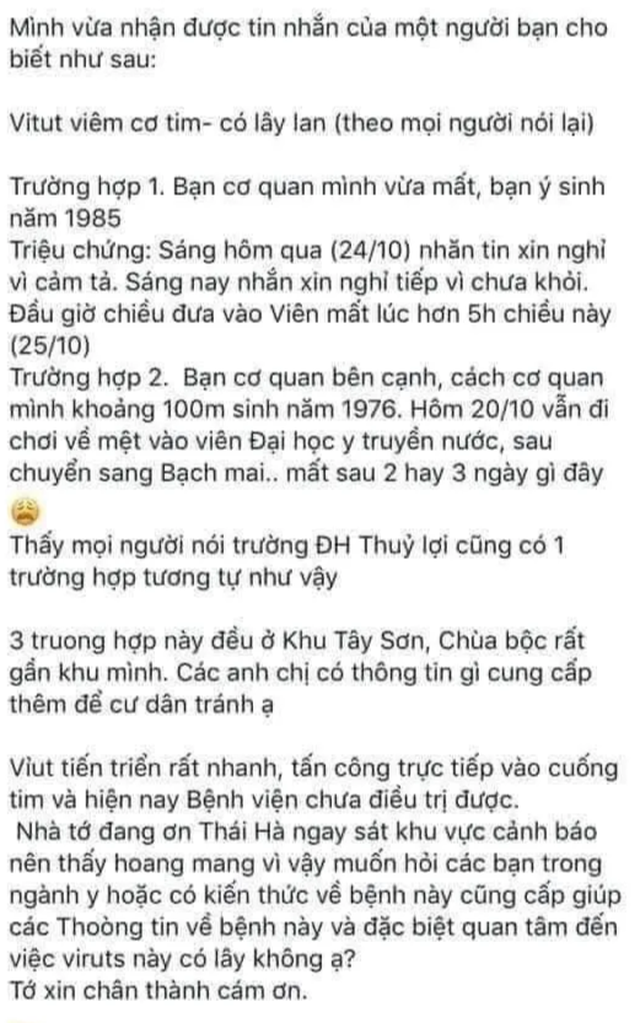 Hà Nội: Người dân hoang mang vì thông tin virus lạ gây viêm cơ tim tử vong nhanh chóng - 1 Hà Nội: Người dân hoang mang vì thông tin virus lạ gây viêm cơ tim tử vong nhanh chóng - 1