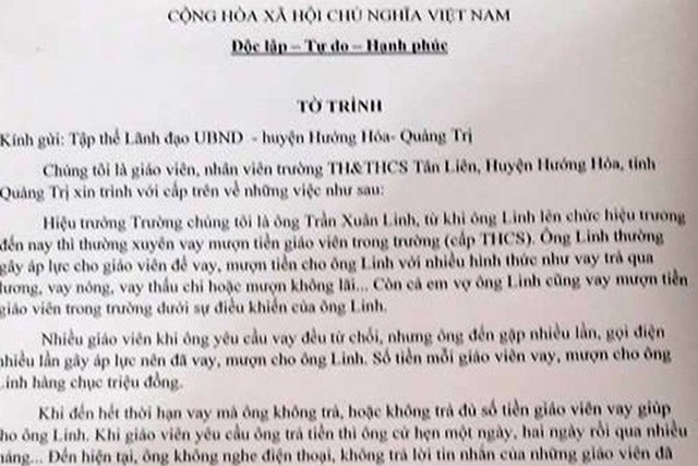 Quảng Trị: Nhiều giáo viên “tố” Hiệu trưởng vay tiền không trả - 1 Quảng Trị: Nhiều giáo viên “tố” Hiệu trưởng vay tiền không trả - 1