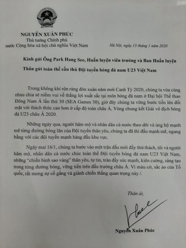 Thủ tướng gửi thư khích lệ tinh thần đội U23 Việt Nam - 1 Thủ tướng gửi thư khích lệ tinh thần đội U23 Việt Nam - 1