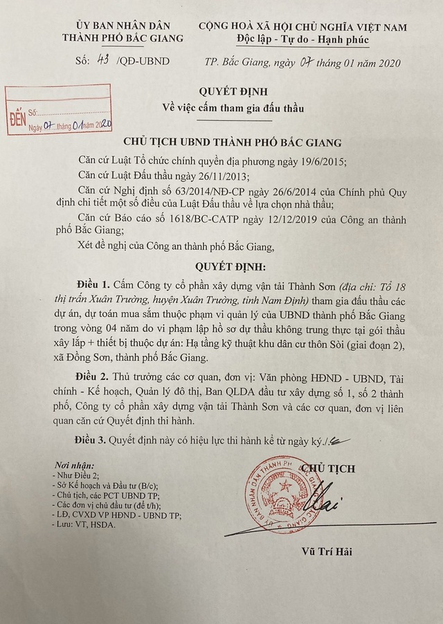 Phát hiện doanh nghiệp đấu thầu gian dối, Chủ tịch TP Bắc Giang thẳng tay cấm cửa! - 1 Phát hiện doanh nghiệp đấu thầu gian dối, Chủ tịch TP Bắc Giang thẳng tay cấm cửa! - 1