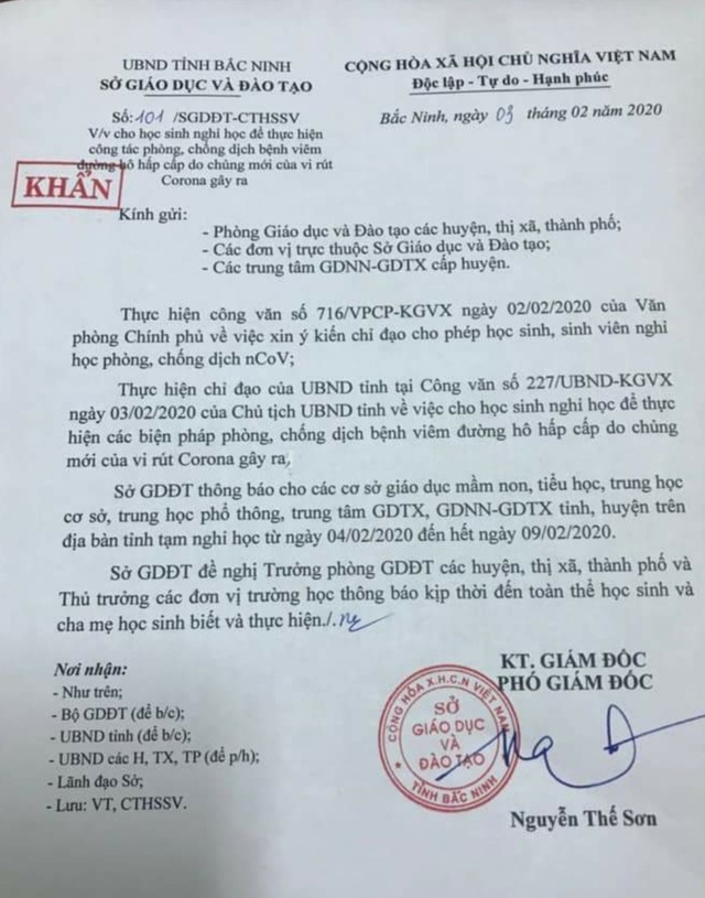 Bắc Ninh gửi công văn khẩn tới các cơ sở giáo dục cho học sinh nghỉ học - 1 Bắc Ninh gửi công văn khẩn tới các cơ sở giáo dục cho học sinh nghỉ học - 1