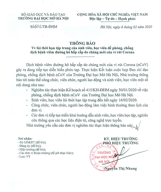 Thêm nhiều đại học cho SV nghỉ đến 16/2, đầu tháng 3 để phòng virus corona - 2 Thêm nhiều đại học cho SV nghỉ đến 16/2, đầu tháng 3 để phòng virus corona - 2