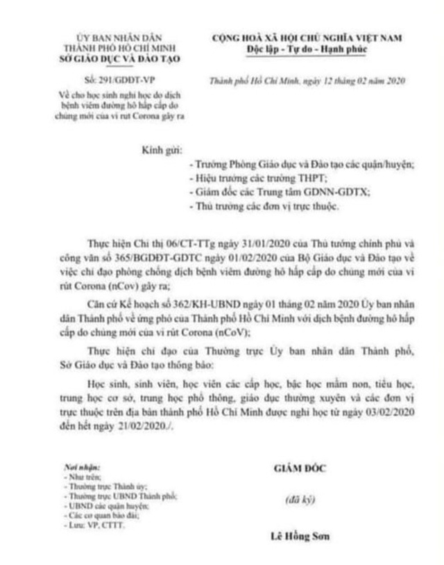 Xuất hiện công văn giả cho học sinh TPHCM nghỉ học đến hết ngày 21/2 - 1 Xuất hiện công văn giả cho học sinh TPHCM nghỉ học đến hết ngày 21/2 - 1