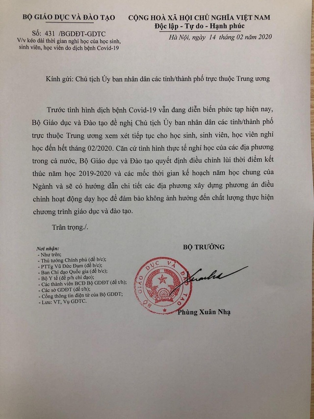 Bộ Giáo dục đề nghị các tỉnh xem xét cho học sinh nghỉ đến hết tháng 2/2020 - 1