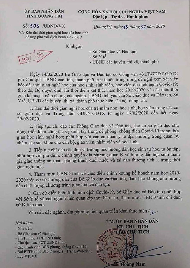 Quảng Trị: Học sinh nghỉ đến hết tháng 2, trường học tiếp tục khử trùng - 1 Quảng Trị: Học sinh nghỉ đến hết tháng 2, trường học tiếp tục khử trùng - 1