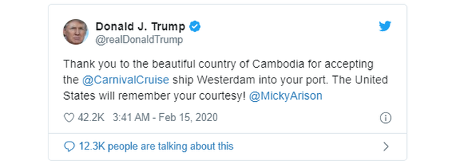 Ông Trump cảm ơn Campuchia vì tiếp nhận du thuyền bị các nước “hắt hủi”