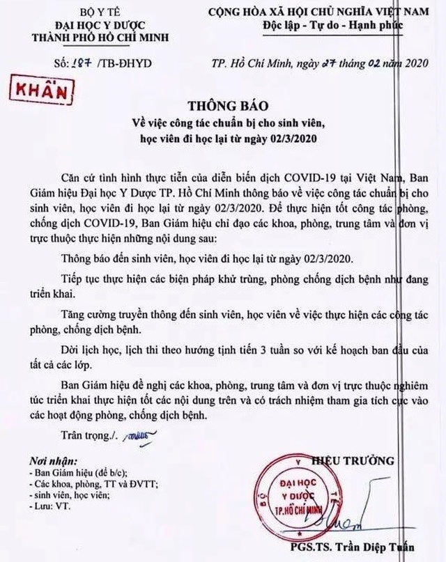 Trường ĐH Y dược TPHCM thông báo khẩn cho sinh viên đi học ngày 2/3 - 2 Trường ĐH Y dược TPHCM thông báo khẩn cho sinh viên đi học ngày 2/3 - 2