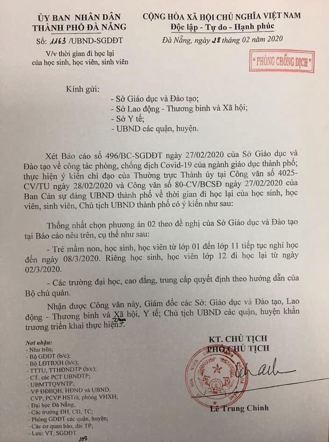 Học sinh Đà Nẵng tiếp tục nghỉ học đến hết ngày 8/3, trừ học sinh lớp 12 - 1 Học sinh Đà Nẵng tiếp tục nghỉ học đến hết ngày 8/3, trừ học sinh lớp 12 - 1