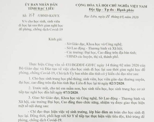 Bạc Liêu: Học sinh THPT đi học từ 2/3, từ THCS trở xuống nghỉ thêm 1 tuần - 1 Bạc Liêu: Học sinh THPT đi học từ 2/3, từ THCS trở xuống nghỉ thêm 1 tuần - 1