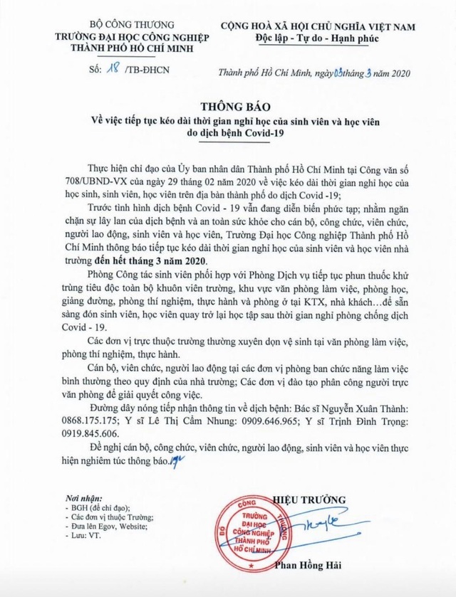 Thêm 3 trường ĐH tại TPHCM cho sinh viên nghỉ tiếp đến hết tháng 3 - 1 Thêm 3 trường ĐH tại TPHCM cho sinh viên nghỉ tiếp đến hết tháng 3 - 1