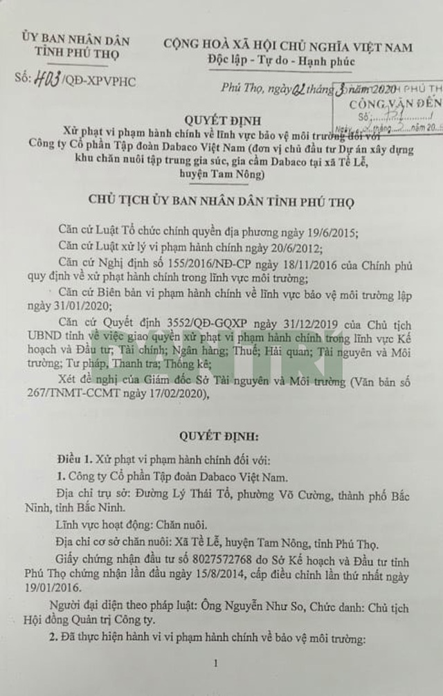 Công ty Dabaco bị phạt hàng trăm triệu đồng vì vi phạm môi trường - 2 Công ty Dabaco bị phạt hàng trăm triệu đồng vì vi phạm môi trường - 2