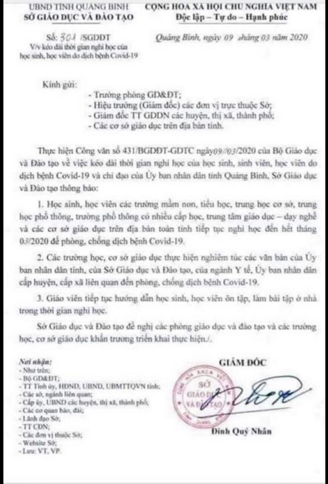 Giả mạo công văn Sở GDĐT Quảng Bình cho học sinh nghỉ hết tháng 3 - 1
