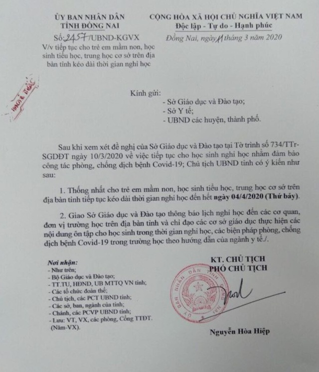 Đồng Nai hỏa tốc cho học sinh Mầm non đến THCS nghỉ học đến hết ngày 4/4 - 1 Đồng Nai hỏa tốc cho học sinh Mầm non đến THCS nghỉ học đến hết ngày 4/4 - 1