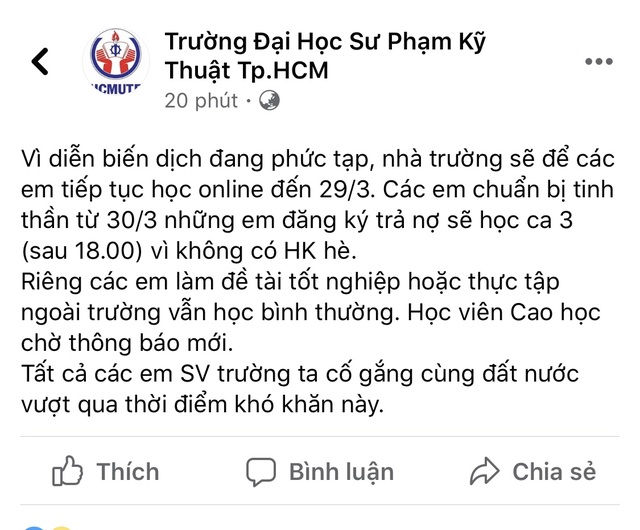 Hơn 20.000 SV Trường ĐH Sư phạm Kỹ thuật TPHCM học online đến cuối tháng 3 - 1 Hơn 20.000 SV Trường ĐH Sư phạm Kỹ thuật TPHCM học online đến cuối tháng 3 - 1