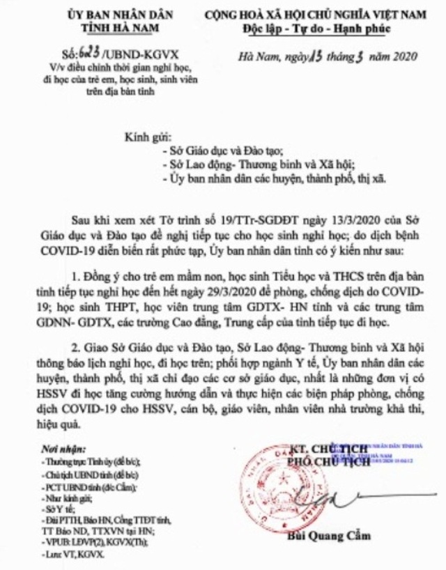 Hà Nam, Nam Định: Trẻ Mầm non, học sinh Tiểu học, THCS nghỉ học đến 29/3 - 1 Hà Nam, Nam Định: Trẻ Mầm non, học sinh Tiểu học, THCS nghỉ học đến 29/3 - 1