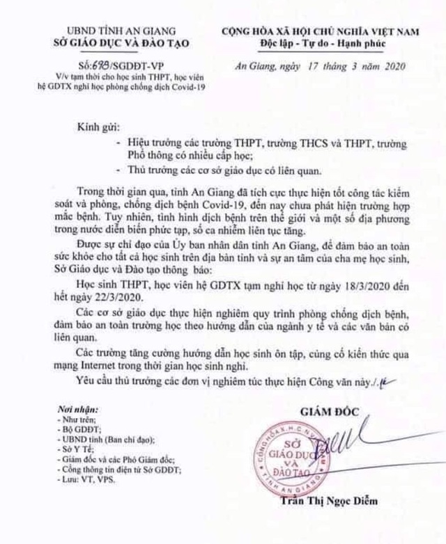 An Giang hỏa tốc cho học sinh THPT nghỉ học đến hết ngày 22/3 - 1 An Giang hỏa tốc cho học sinh THPT nghỉ học đến hết ngày 22/3 - 1