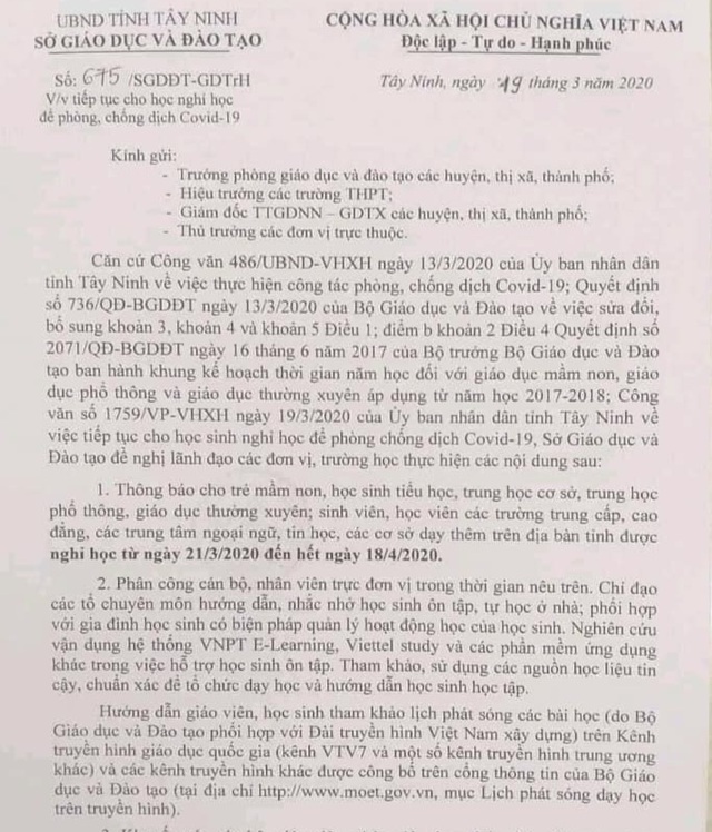 Tây Ninh: Tỉnh đầu tiên cho toàn bộ HS, SV nghỉ học đến hết ngày 18/4 - 2 Tây Ninh: Tỉnh đầu tiên cho toàn bộ HS, SV nghỉ học đến hết ngày 18/4 - 2
