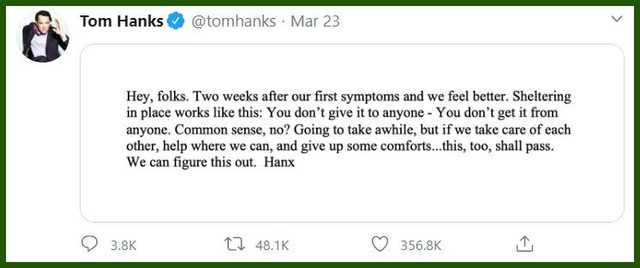 Sau hai tuần mắc Covid-19, vợ chồng Tom Hanks đã cảm thấy khỏe hơn - 2 Sau hai tuần mắc Covid-19, vợ chồng Tom Hanks đã cảm thấy khỏe hơn - 2
